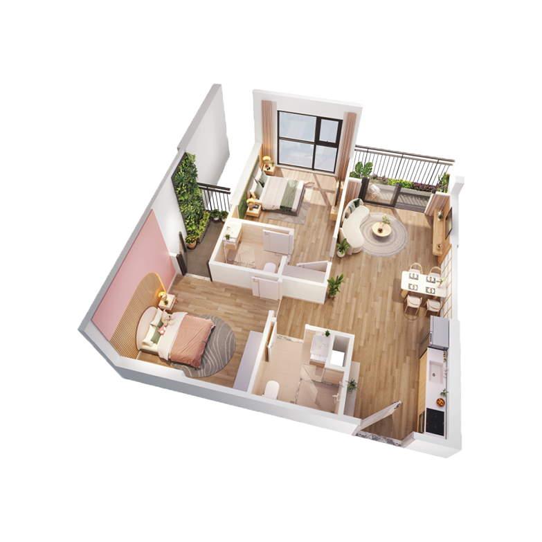Mặt bằng bố trí nội thất 3D căn hộ 2 phòng ngủ The CityOn