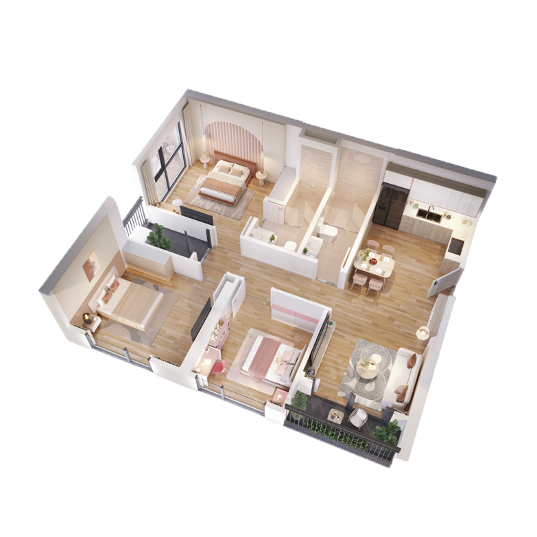 Mặt bằng bóc mái 3D căn hộ 3 phòng ngủ dự án The CityOn