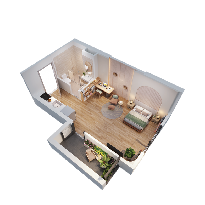 Mặt bằng bóc mái 3D thiết kế căn hộ Studio dự án The CityOn