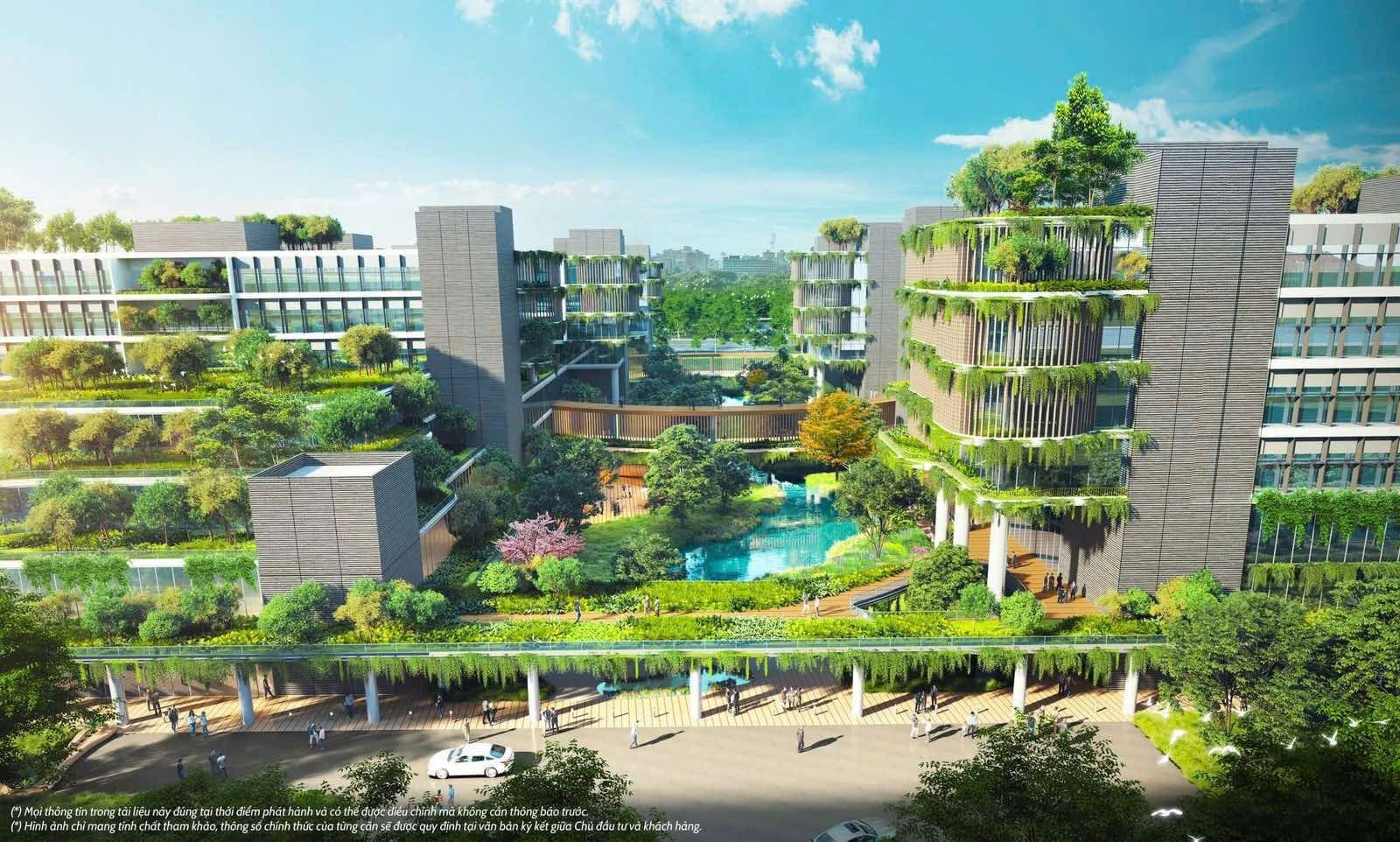 Phối cảnh khuôn viên nhiều tầng phủ cây xanh quanh hồ cảnh quan